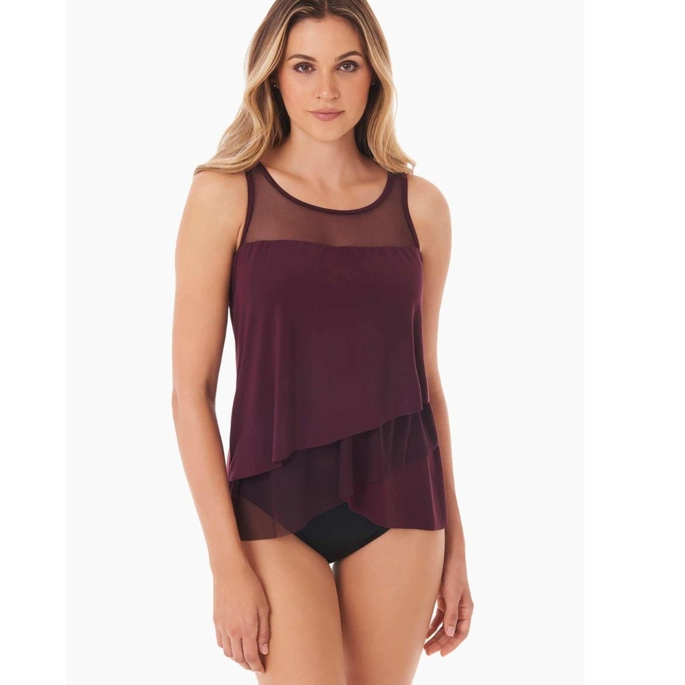 Miraclesuit Mirage Tankini Underwire 24 Plum Mesh Tiered Ruffle Cruisewear Beach
